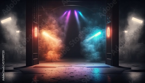 rainbow  spectrum   spotlights shine on stage floor in dark room  idea for background  backdrop Generative Ai  