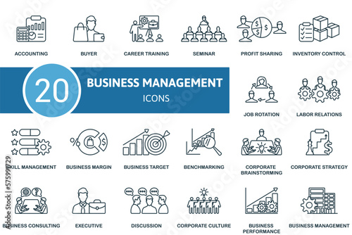 Business Management icon outline set. Line Business Management icon collection. Accounting, Buyer, Career Training, Seminar, Profit Sharing, Executive, Discussion, Corporate Culture, Business