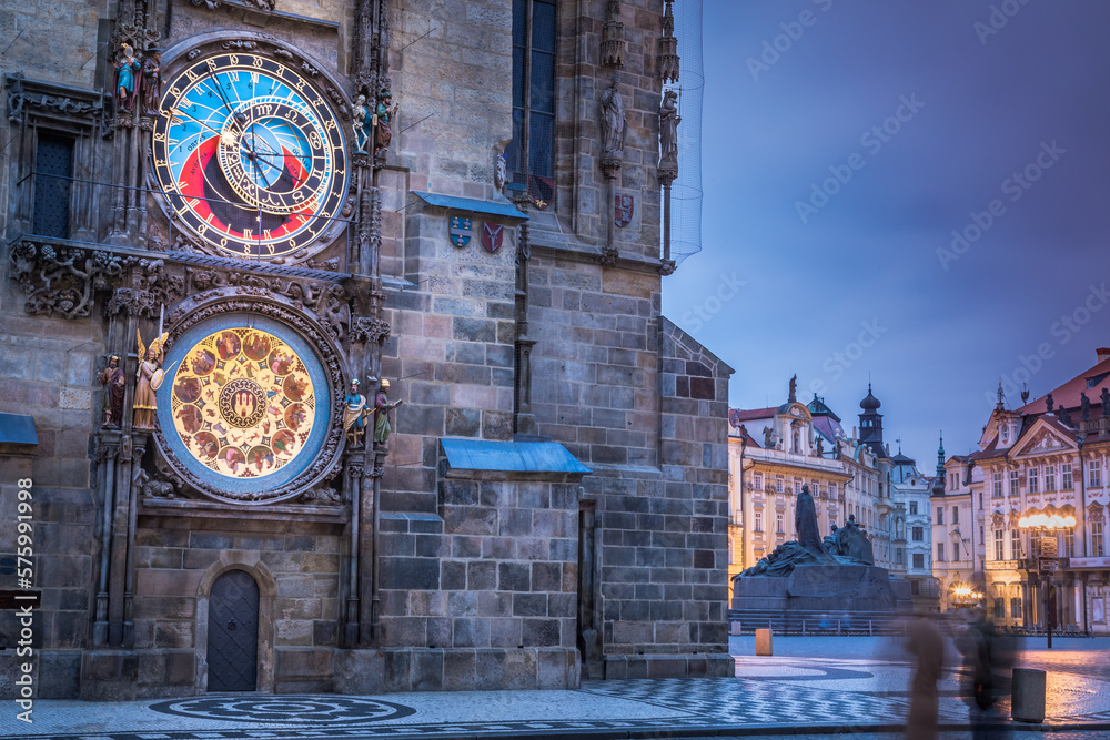 Astronomical clock, Tyn church and old town hall tower in Prague, Czech republic