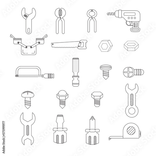 Outline stroke Mechanic equipment icon set. engineering tools. flat design cartoon concept. thin line. vector ,illustration