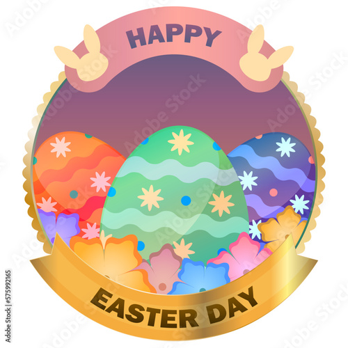 Happy Easter stamp. Illustration of colorful easter eggs with flowers.