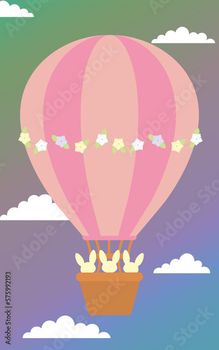 Hot air balloon illustration with rabbits and flowers.