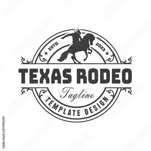 Retro Rodeo Emblem logo with equestrian silhouette. Wild west vintage rodeo badge. Vector illustration.