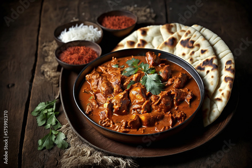 Foto Chicken tikka masala spicy curry meat food in a clay plate with rice and naan bread on wooden background