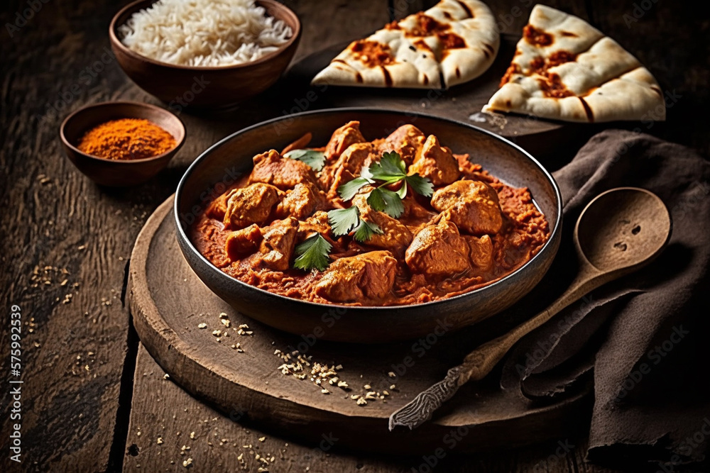 Chicken tikka masala spicy curry meat food in a clay plate with rice and naan bread on wooden background. Ai generated