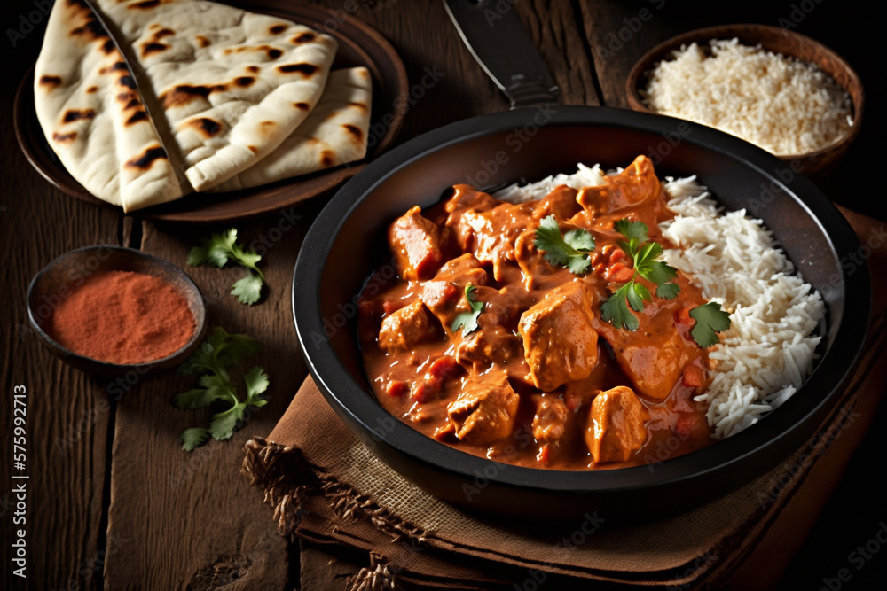 Chicken tikka masala spicy curry meat food in a clay plate with rice and naan bread on wooden background. Ai generated
