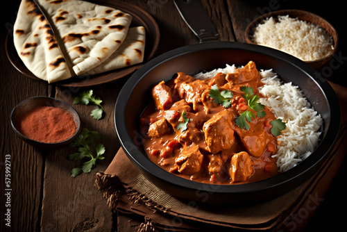 Chicken tikka masala spicy curry meat food in a clay plate with rice and naan bread on wooden background. Ai generated