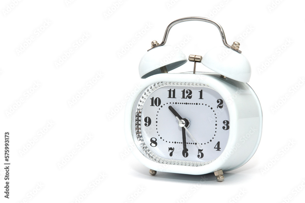 An alarm clock isolated on a white background, an alarm clock with a hammer hits the alarm cups An alarm clock isolated on a white background, an alarm clock with a hammer hits the alarm cups