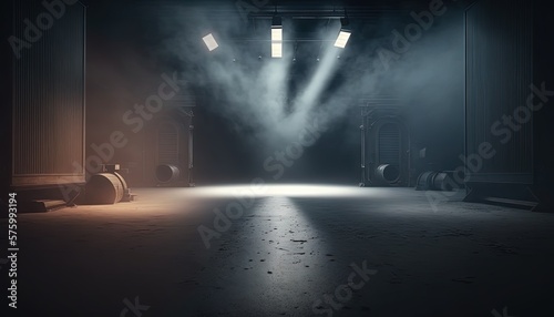 yellow white, spotlights shine on stage floor in dark room, idea for background, backdrop, mock up, Generative Ai