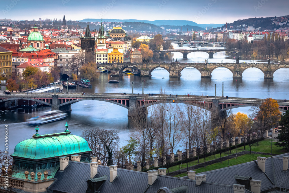 Panoramic view over the cityscape of Prague at dramatic dusk, Czech Republic