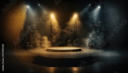 illustration of yellow white spotlights shine on stage floor in dark room, idea for background, backdrop, Generative Ai 