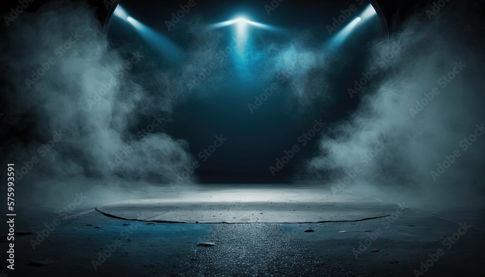 blue, spotlights shine on stage floor in dark room, idea for background, backdrop, mock up, Generative Ai