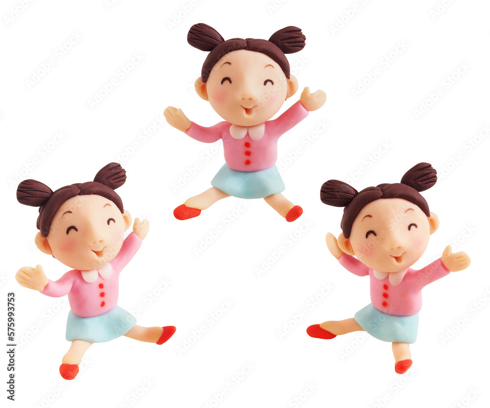 両手を上げてジャンプしている笑顔の女の子全身、別角度3パターン（粘土立体イラスト）