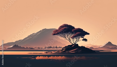 Minimalism landscape style, a tree with plain gradient color background, Generative Ai