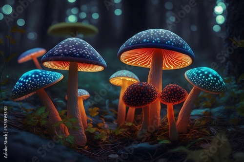 Neon glowing magical mushroms in the forest. Generative AI