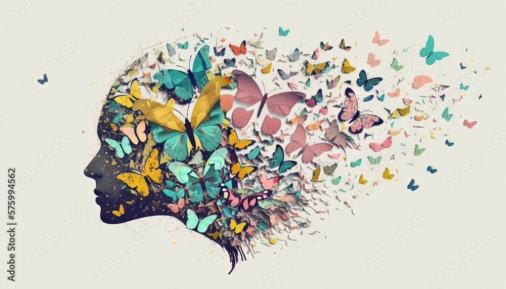 Double exposure silhouette of woman profile and butterflies mental health women's day illustration generative ai	