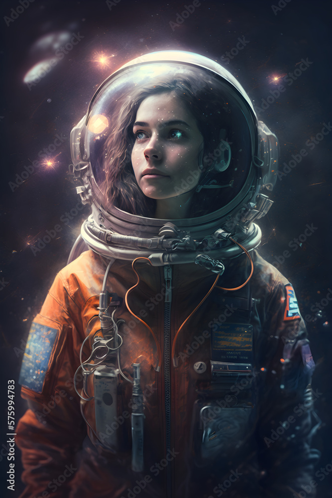 Naklejka premium Female astronaut in space suit portrait, illustration