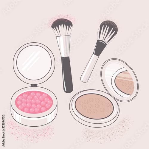 Vector illustration of foundation powder for face and blush. A set of makeup brushes. The concept of beauty, cosmetics, image and makeup
