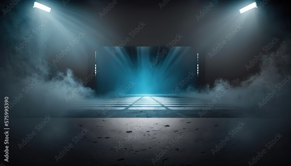 blue spotlights shine on stage floor in dark room, idea for background, backdrop, mock up, Generative Ai	
