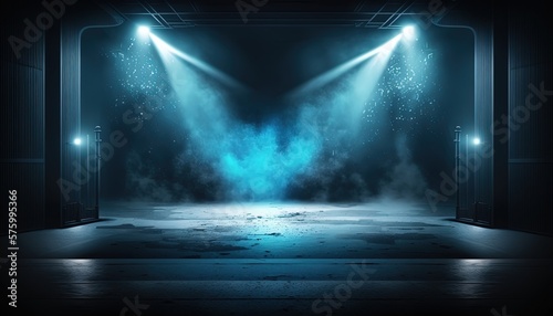 blue, spotlights shine on stage floor in dark room, idea for background, backdrop, mock up, Generative Ai © QuietWord