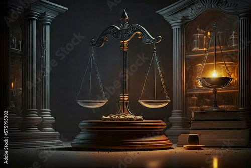 scales of justice in the dark court hall