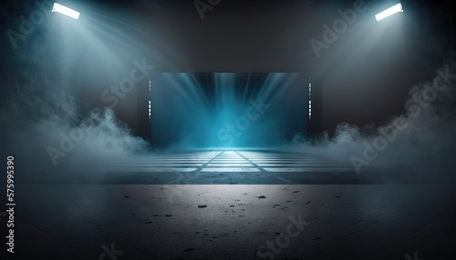 blue spotlights shine on stage floor in dark room, idea for background, backdrop, mock up, Generative Ai 