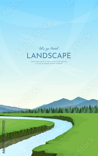 Summer landscape in the countryside. A river flowing between steep banks. Wide green meadows. Forest and mountains in the distance. Clear sky. Vector illustration.