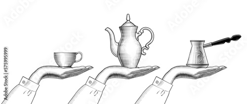 The hands of a woman with a coffee cup, a coffee pot and a turk. Antique engraving, stylized drawing. Vector illustration