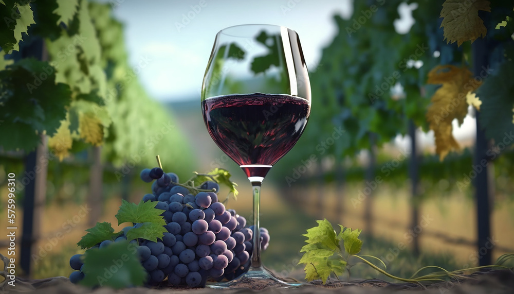 a large branch of blue grapes and a glass of red wine. Generative AI