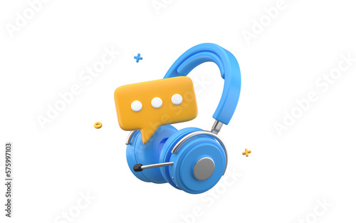 Customer support headphones with message bubble. Hotline service headset isolated on white background. 3d rendering