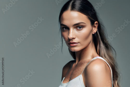 Beautiful brown haired with stylish long hairstyle. Woman with a straight hair. Beautiful young woman with natural makeup portrait. Generative AI
