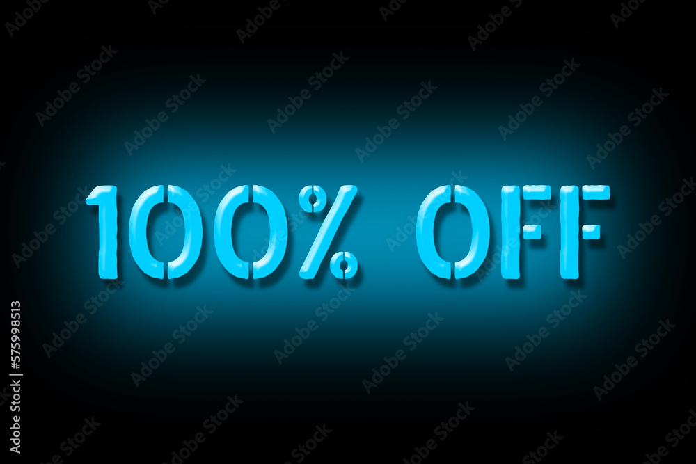 100 percent off. Neon sign isolated on a black background. Trade. Business. Discounts. Seasonal discounts. Design element