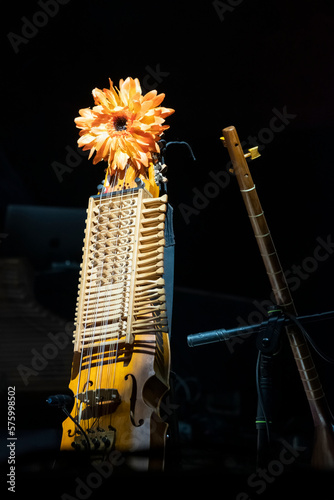 A nyckelharpa on stage with lighting. During the frenetic rustle of pre-show sound checks, this nyckelharpa patiently wait for their moment in the spotlight. photo