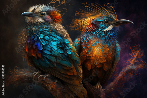 Exotic birds with detailed  vibrant feathers that radiate a bright pallete of colors. Each bird is unique and fantastic  with intricate patterns and textures. Ai generated