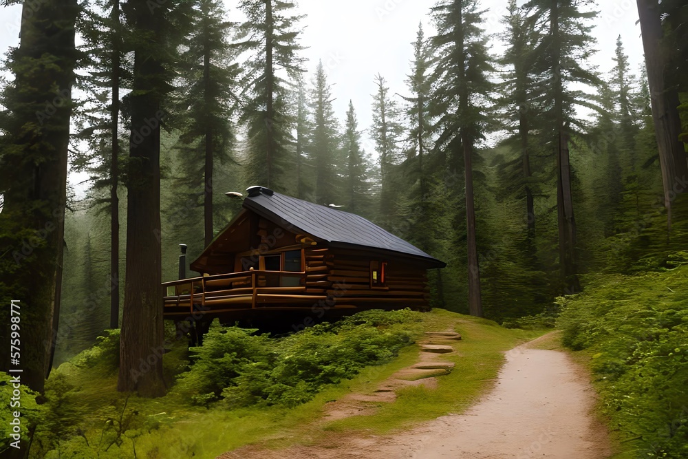 A cabin in the middle of a forest with fog and trees on the mountain side and a foggy sky above it, with a path leading to a cabin in the middle of the woods. Generative AI A cabin in the middle of a forest with fog and trees on the mountain side and a foggy sky above it, with a path leading to a cabin in the middle of the woods. Generative AI