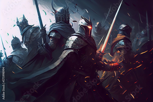 Fototapete An army of brave knights engaging a dark force in an epic battle