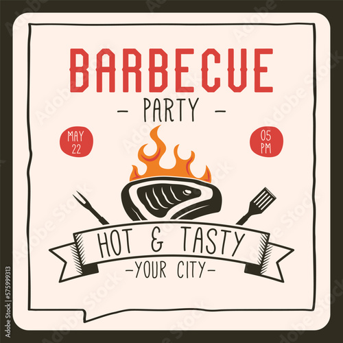 BBQ party card template with steak. BBQ grill square card for social media marketing. Barbecue post design. Stock vector poster flyer