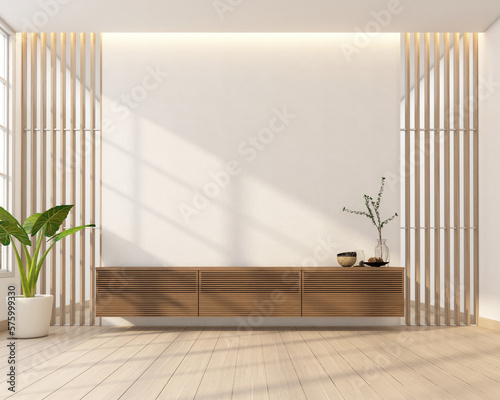 Fototapeta Naklejka Na Ścianę i Meble -  Japan style living room decorated with minimalist tv cabinet, white wall and wooden slat wall window. 3d rendering
