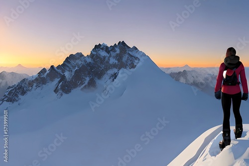 Adult adventurous woman standing on top of a snow peak. Winter Wonderland. 3d rendering mountain adventure artwork. Aerial landscape from British Columbia, Canada. Sunset Sky. Generative AI © Pixel Matrix