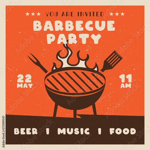 Retro BBQ party card template. BBQ grill square card for social media marketing. Barbecue post design. Stock vector poster flyer