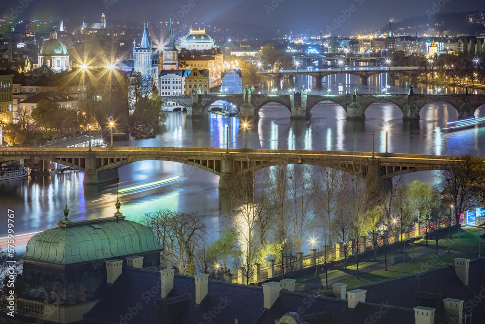 Panoramic view over the cityscape of Prague at dramatic dusk, Czech Republic