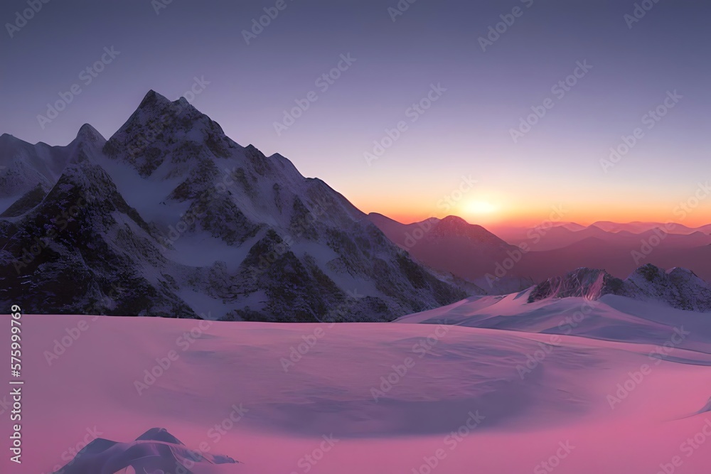 Alpine mountain peak landscape in beautiful pink sunset in winter. Generative AI