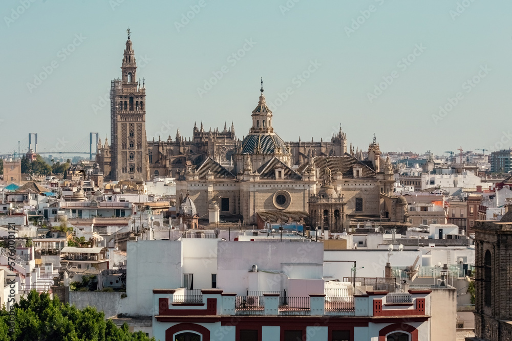 Fototapeta premium Aerial view of The Cathedral of Saint Mary of the See, better known as Seville Cathedral, Roman Catholic cathedral in Seville, Andalusia, Spain