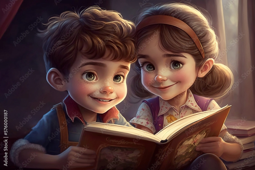 Cartoon style illustration of a smiling kid boy and smiling kid girl reading fairytale book - AI generative Cartoon style illustration of a smiling kid boy and smiling kid girl reading fairytale book - AI generative