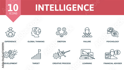 Intelligence icon set. Monochrome simple Intelligence icon collection. Experience, Global Thinking, Emotion, Failure, Psychology, Development, Target, Creative Process, Learning, Financial Adviser