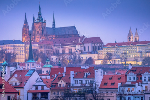 Panoramic view over the cityscape of Prague at dramatic sunset, Czech Republic