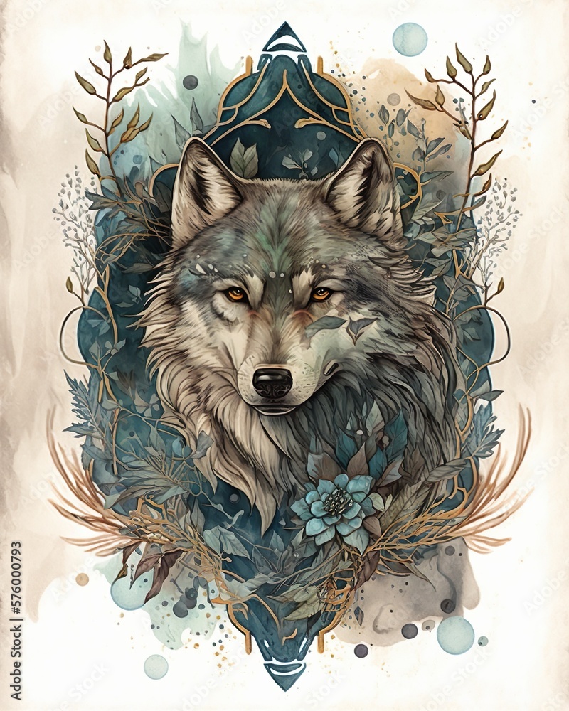 Fototapeta Ornamental watercolor painting of a wolf. Generative AI