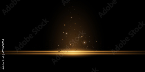 Gold lines, laser beams, bright light beams with sparkles, bokeh and dust on a black background. Vector illustration