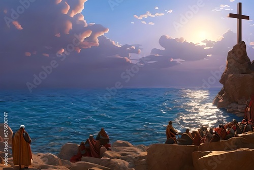 Biblical scene: Moses and his followers on the shore of the Red Sea, vision of a glowing cross above the waves. Generative AI photo