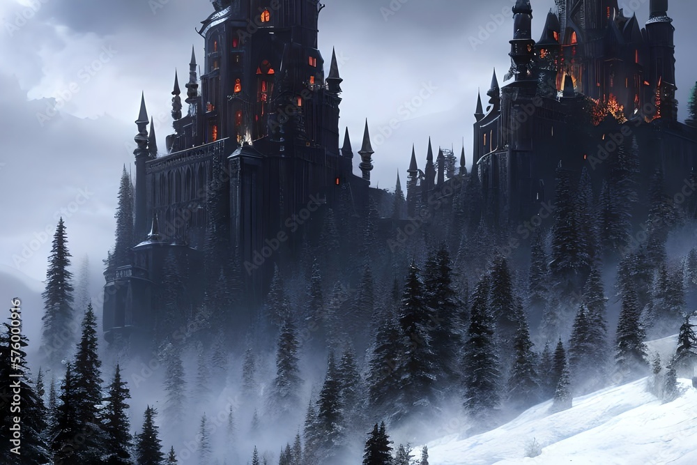 Dark castle in the valley, dark atmosphere of hell. Generative AI